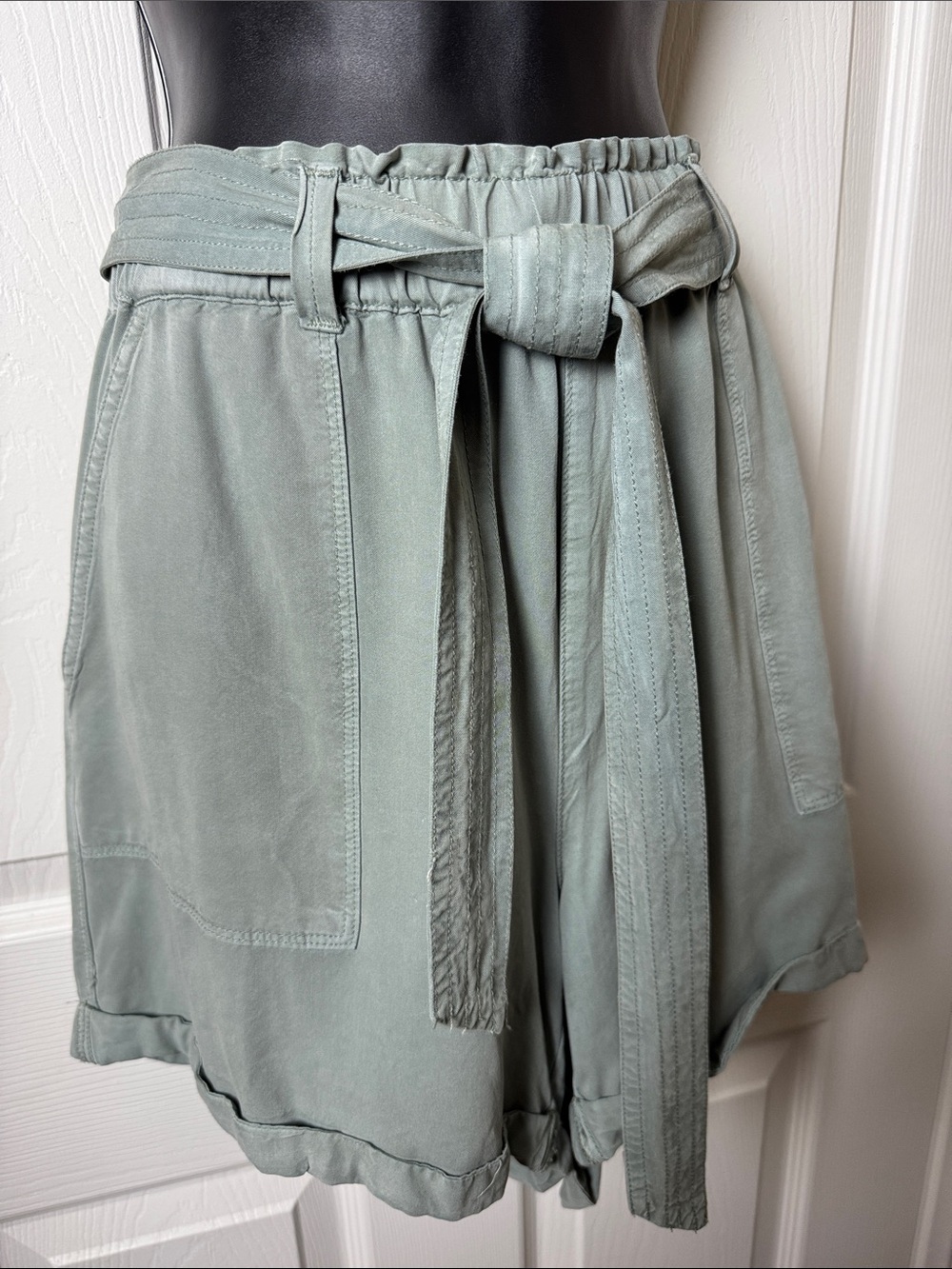 WISHLIST 2 Pair of Paperbag Waist Tie-Front Shorts in Sage Green - Size L